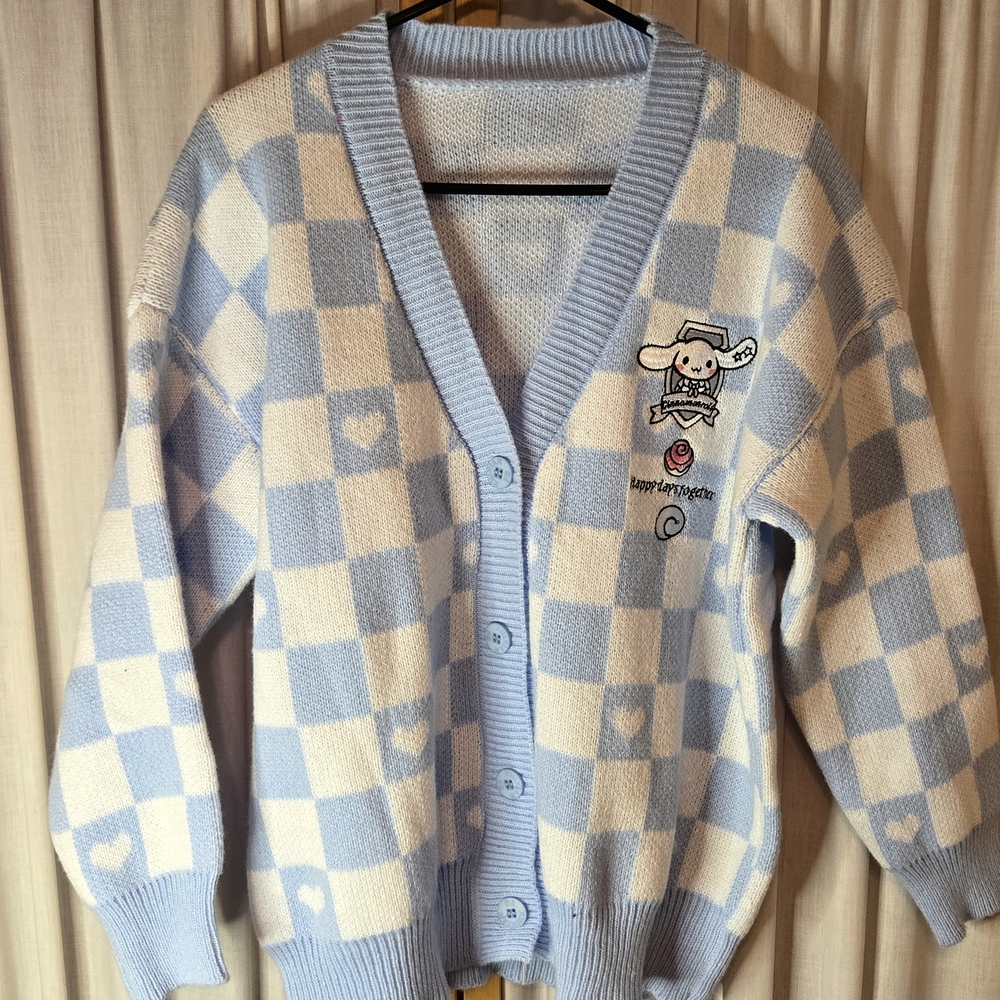 Blue and White Checkered Cardigan with Cute Character - Picture 2 of 7